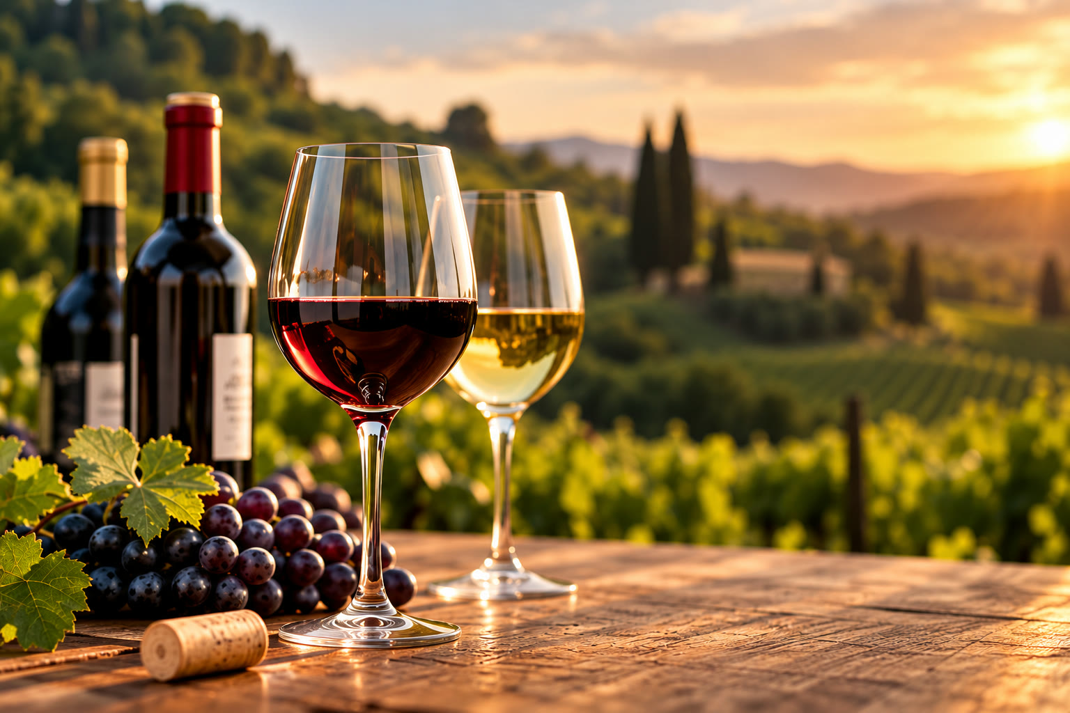 Vini italiani tra i vigneti: bottiglie, un calice di rosso e uno di bianco, grappoli d'uva e le colline al tramonto