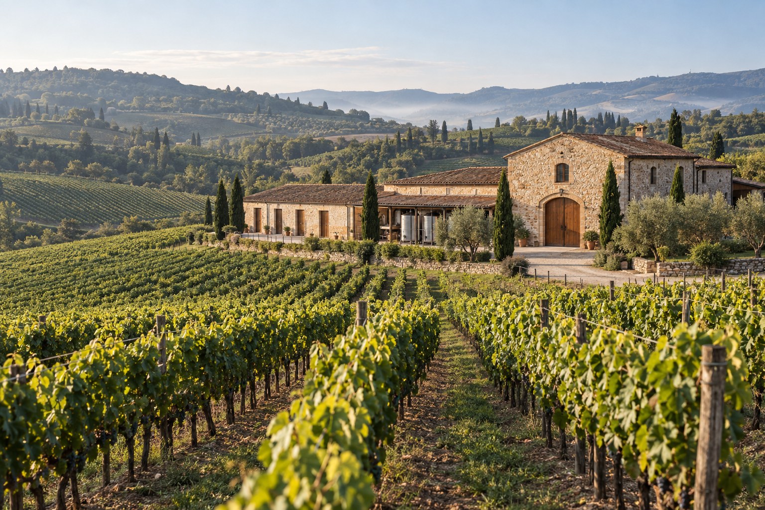 Una cantina in pietra tra i vigneti, con i filari in primo piano e le colline sullo sfondo
